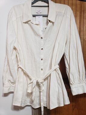 New W/tagsLinen Blend High Quality Belted Long Sleeve Maternity Top Button Down